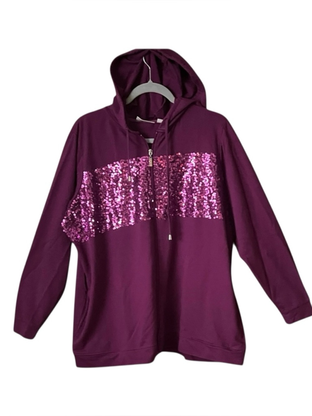 Quacker Factory Sequin Hooded zipper Top. Size 1X.